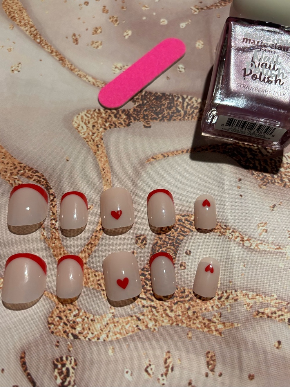 Nude Press-On Nails with Red Heart Accents